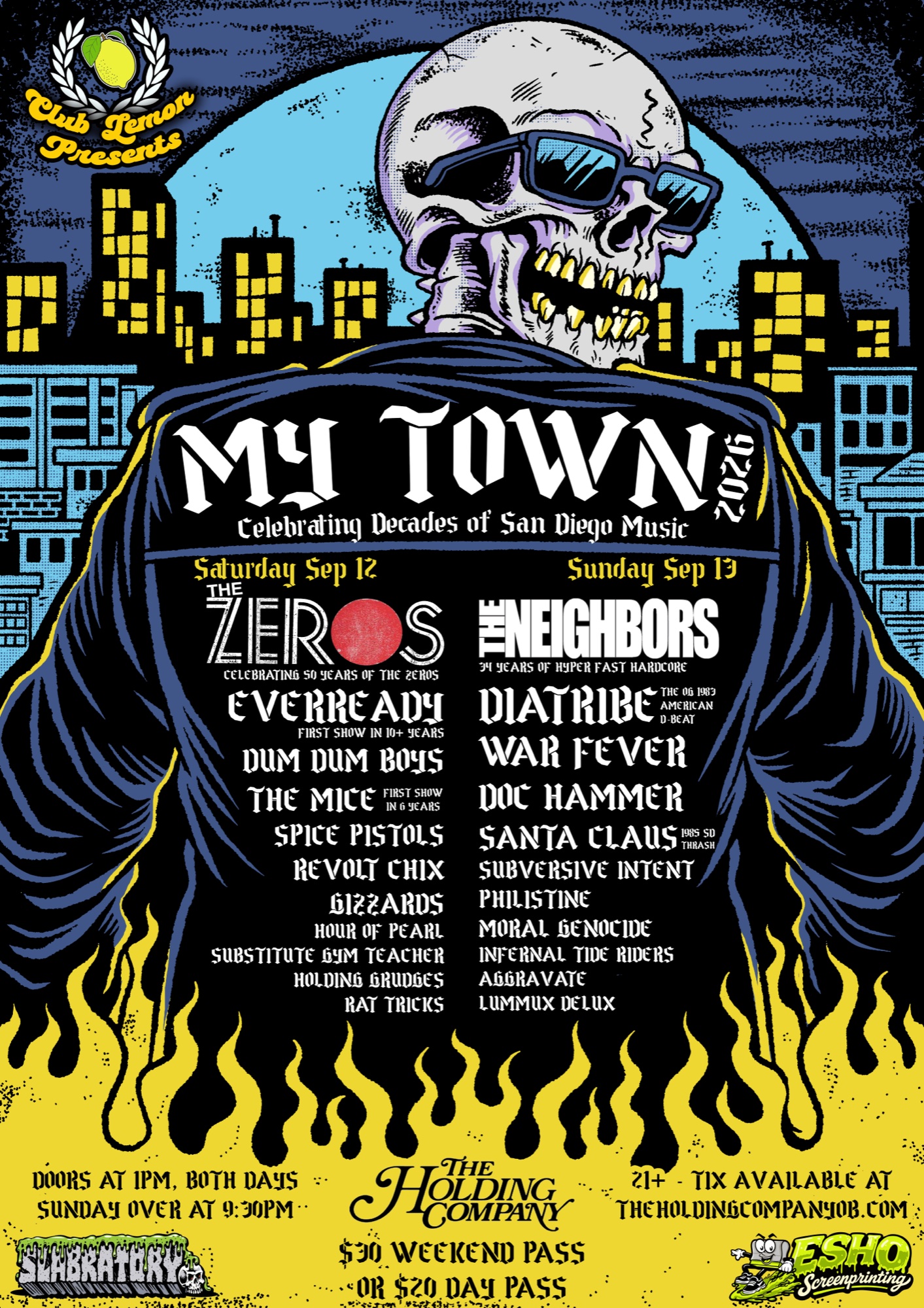 My Town 2026 flyer — Club Lemon presents two days of San Diego music at The Holding Company, September 12–13